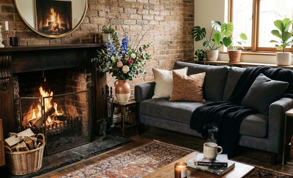 A cozy living room with a glowing fireplace, soft seating, plants, candlelight, and a warm cup