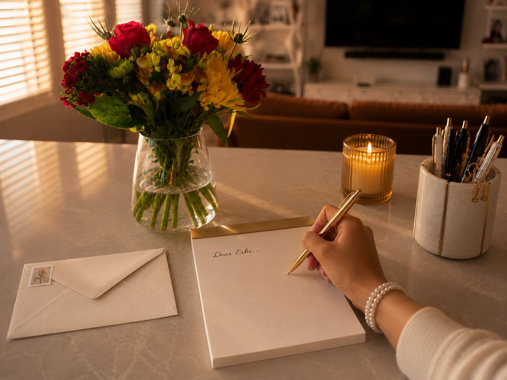 A handwritten Dear Erhi letter beside an envelope, flowers, and writing pens