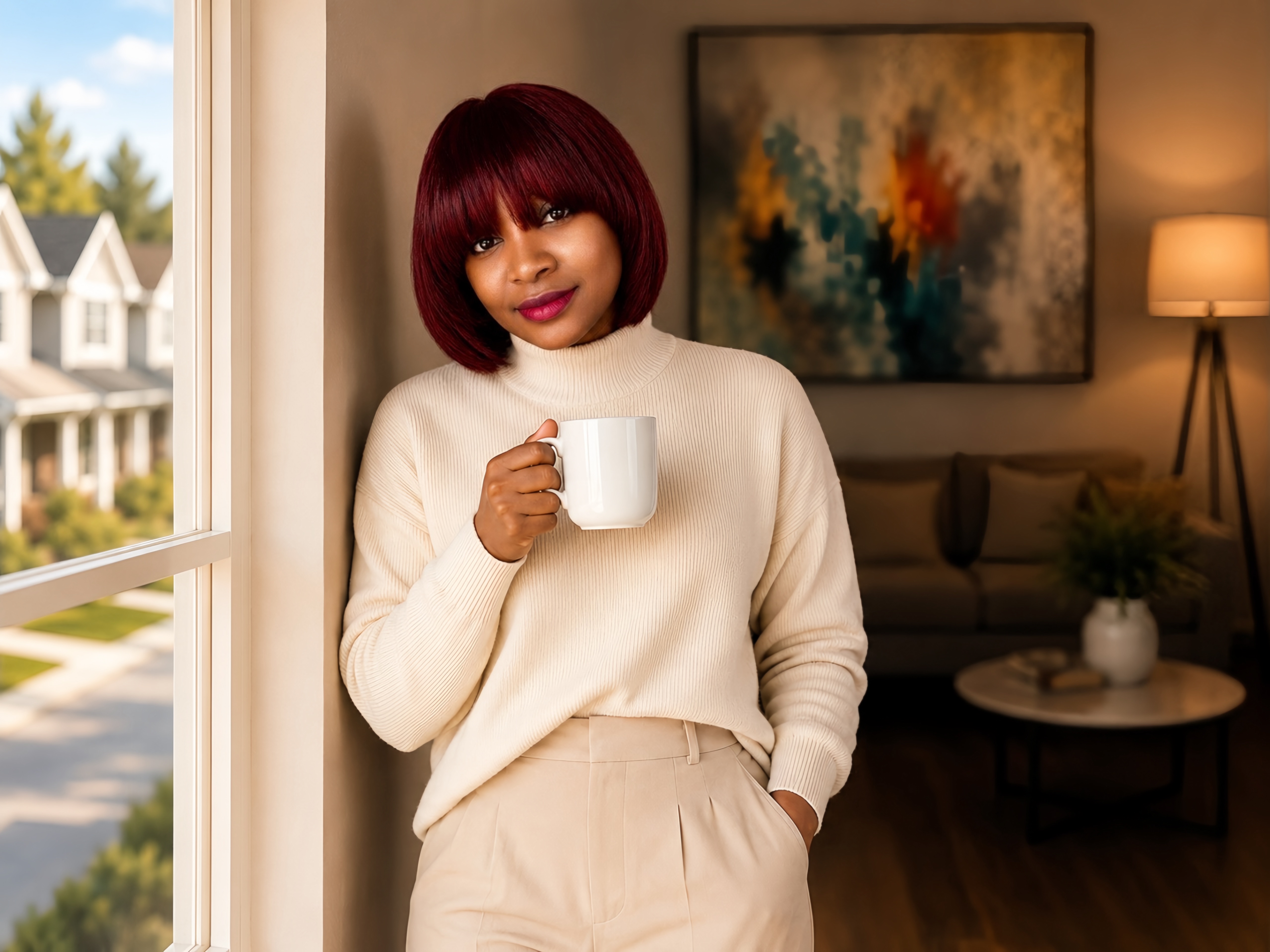 By the window in soft morning light, coffee in hand
