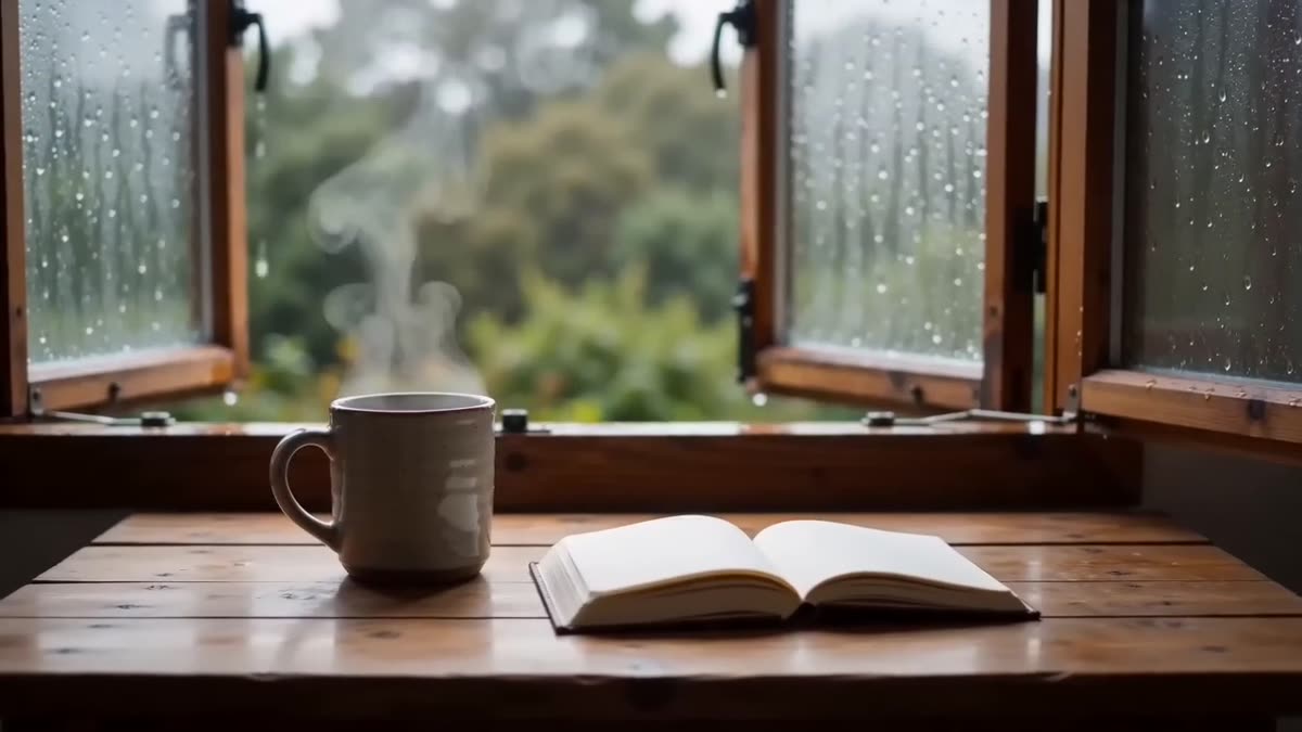 A cup of tea and an open notebook on a café table beside a rainy window